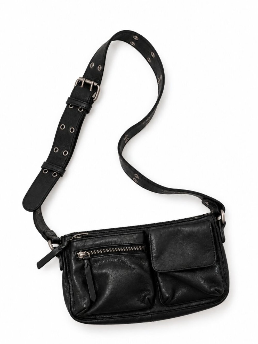 Free People Wade Black Leather Sling Crossbody Bag Grommet Strap Y2K